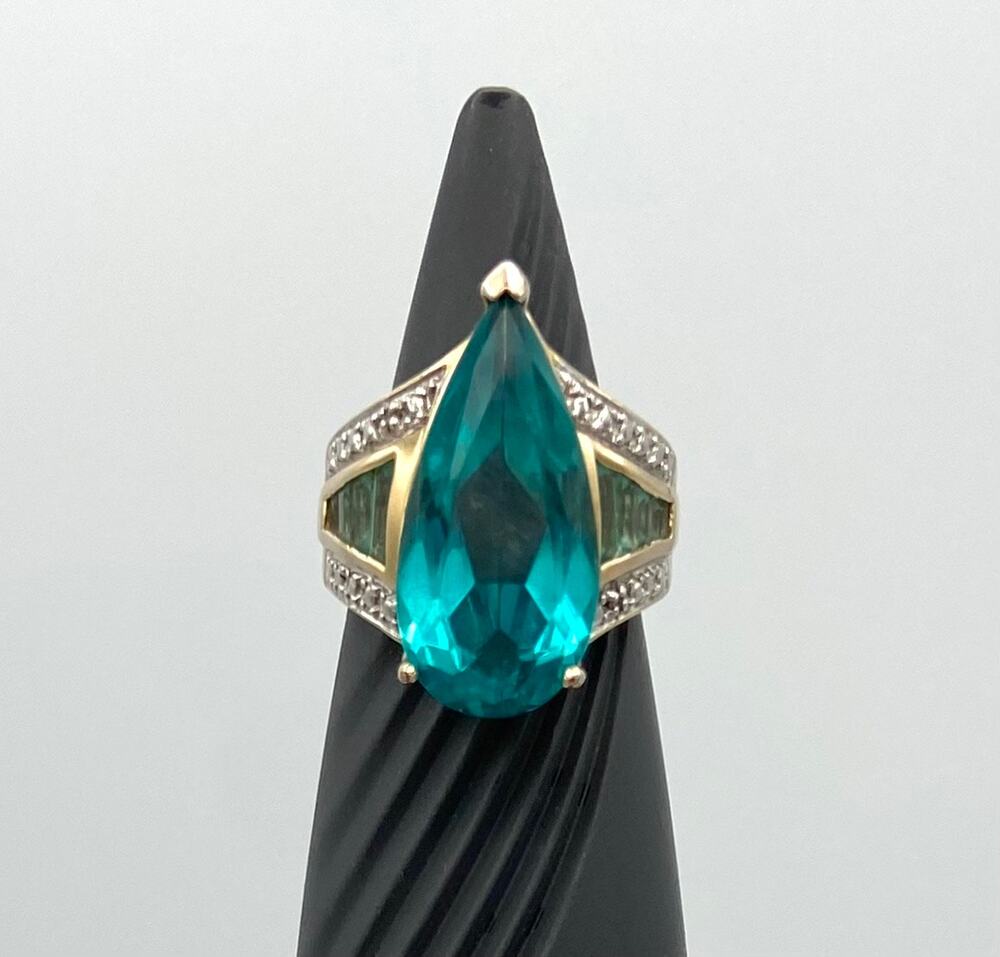 Vintage Sterling Silver Gold Vermeil Pear Cut Ocean Blue Cocktail Ring 6.75